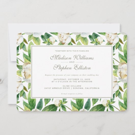 White Peonies & Leaf Waterverf - Wedding Kaart (Voorkant)