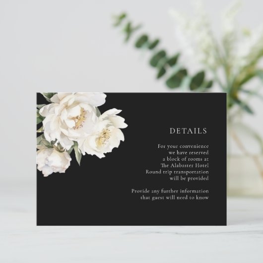 White Peonies Wedding Black — Kaart met details (Staand voorkant)