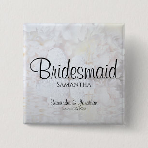 White Peonies Wedding Bridesmaid Nametag Vierkante Button 5,1 Cm