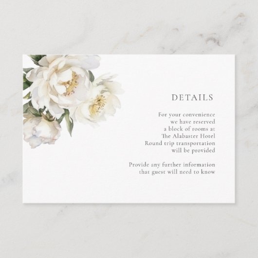White Peonies Wedding Details Kaart (Voorkant)