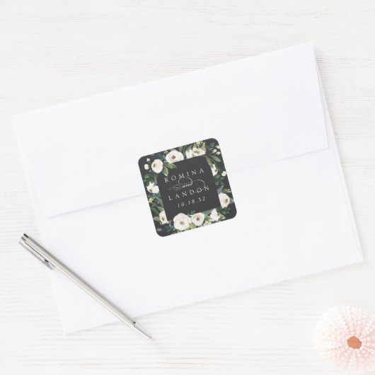 White Peony | Aangepersonaliseerde Floral Lijst We Vierkante Sticker (Envelop)