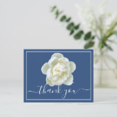 White Peony Blue Background Bedankt Briefkaart (Staand voorkant)