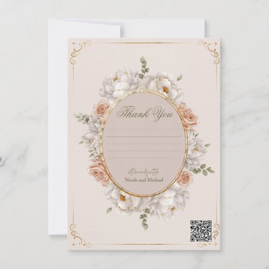 White Peony & Blush Rose Floral Wedding  Kaart (Voorkant)