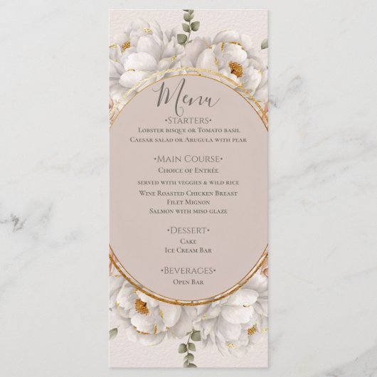 White Peony & Blush Rose Floral Wedding  Menu (Voorkant)