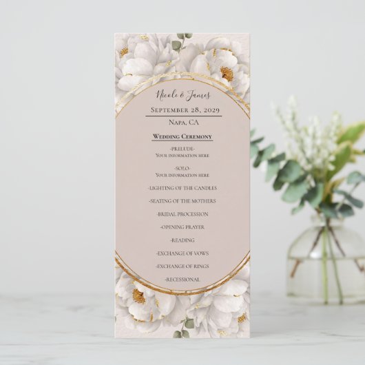White Peony & Blush Rose Floral Wedding Program Menu (Staand voorkant)