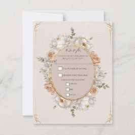 White Peony & Blush Rose Floral Wedding RSVP Kaart