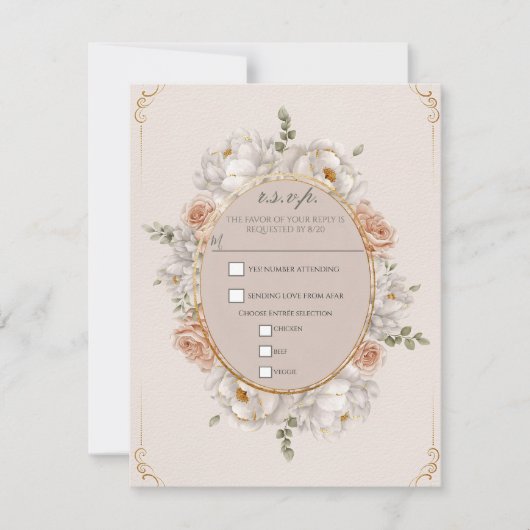 White Peony & Blush Rose Floral Wedding RSVP Kaart (Voorkant)