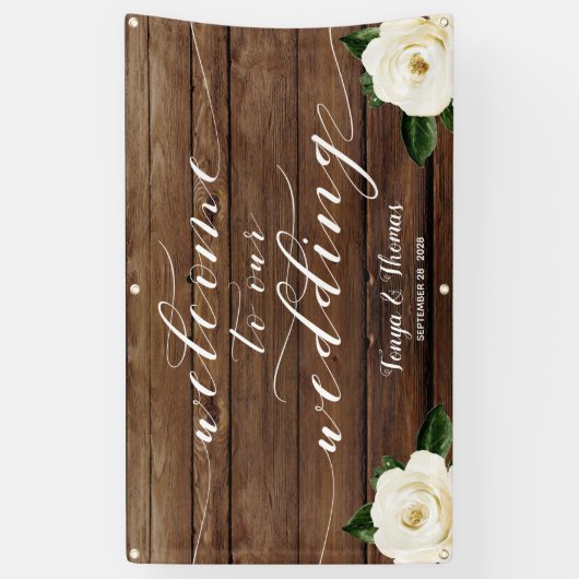 White Peony Calligraphy Wood Welkom op onze bruilo Spandoek (Verticaal)