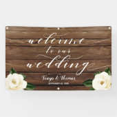 White Peony Calligraphy Wood Welkom op onze bruilo Spandoek (Horizontaal)
