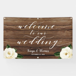 White Peony Calligraphy Wood Welkom op onze bruilo Spandoek