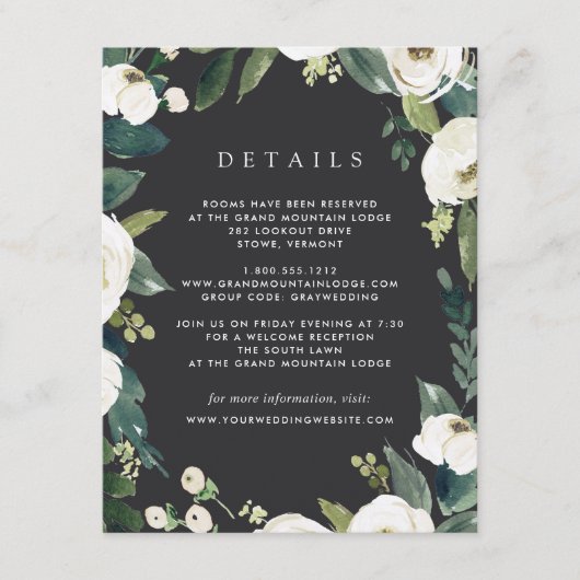 White Peony | Details Waterverf Floral Wedding Informatiekaartje (Voorkant)