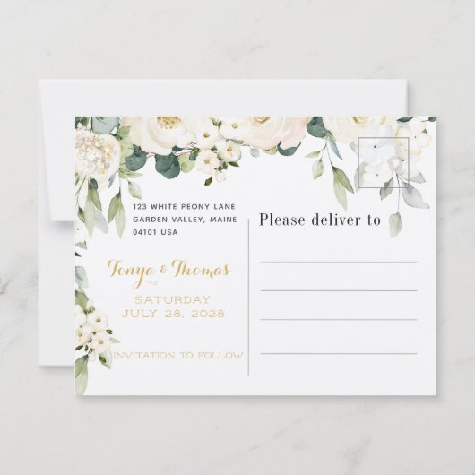 White Peony Epiphany Save the Date Briefkaart (Achterkant)