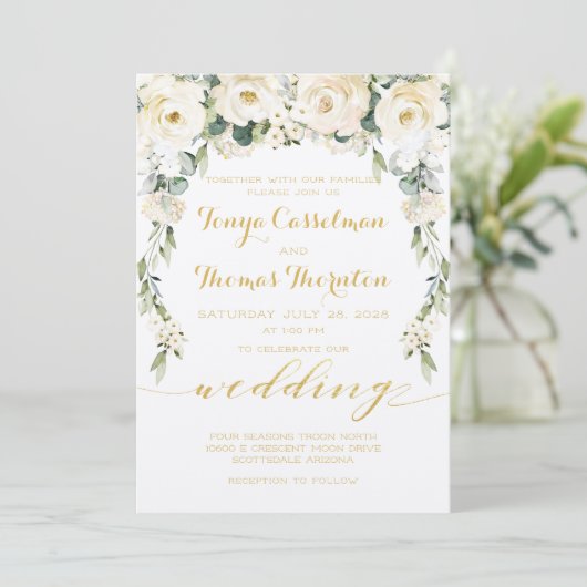 White Peony Epiphany Wedding Gold Calligraphy Kaart (Staand voorkant)