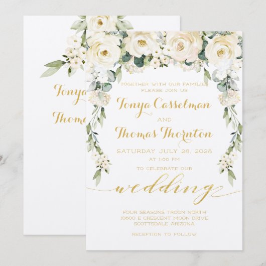 White Peony Epiphany Wedding Gold Calligraphy Kaart (Voorkant / Achterkant)