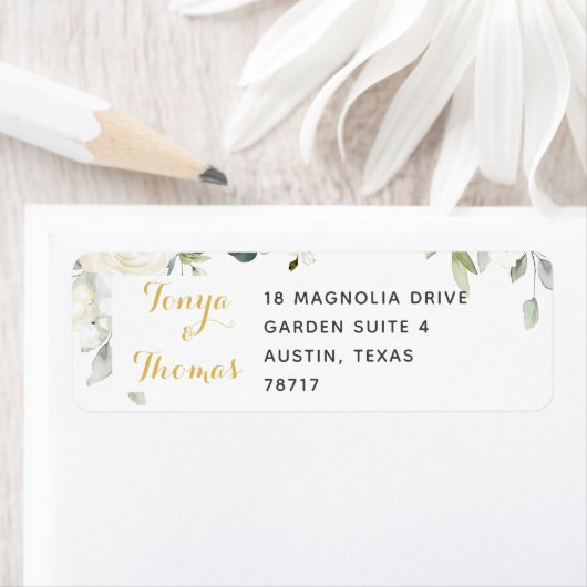 White Peony Epiphany Wedding Return Address Etiket (Insitu)