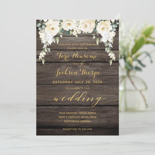 White Peony Epiphany Wedding Rustic Barn Board Kaart (Staand voorkant)