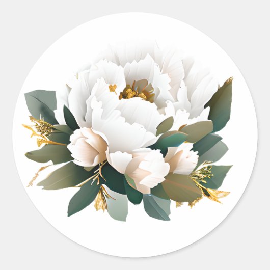 White Peony Eucalyptus Gold Flower Ronde Sticker (Voorkant)