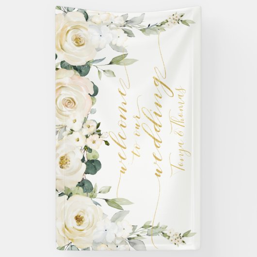 White Peony Fancy Gold Calligraphy Welkom Spandoek (Verticaal)