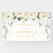 White Peony Fancy Gold Calligraphy Welkom Spandoek (Horizontaal)