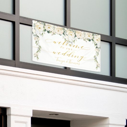 White Peony Fancy Gold Calligraphy Welkom Spandoek (Buitenkant Gebouw)