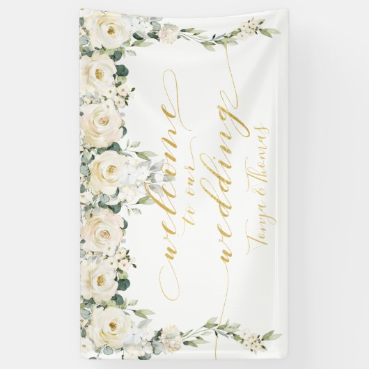 White Peony Fancy Gold Calligraphy Welkom Spandoek (Verticaal)