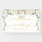 White Peony Fancy Gold Calligraphy Welkom Spandoek (Horizontaal)