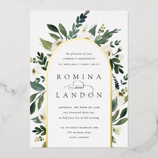 White Peony | Floral Arch Wedding Folie Uitnodiging (Voorkant)