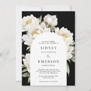 White Peony Floral Black Wedding Arch Invitation Kaart