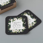 White Peony Floral Lijst "Cheers to Love" Wedding Kartonnen Onderzetters<br><div class="desc">Ons White Peony waterverf floral bruiloft collectie is voorzien van delicaat geschilderde waterverf groen, groen plantaardig bladeren en witte en ivoren pony bloemen. "Cheers to love" wordt in klassiek schrijven weergegeven met de accenten van het calligrafische script. Pas deze cocktailluiers aan met je initialen en trouwdatum, of je keuze uit...</div>