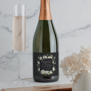 White Peony Floral Lijst "Cheers to Love" Wedding Sparkling Wijnetiket