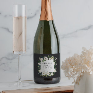 White Peony Floral Lijst "Cheers to Love" Wedding Sparkling Wijnetiket