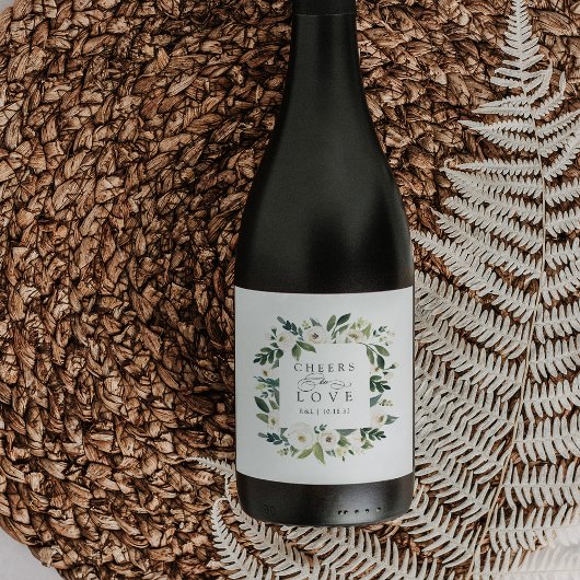 White Peony Floral Lijst "Cheers to Love" Wedding Wijn Etiket