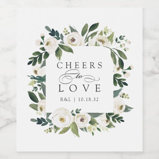 White Peony Floral Lijst "Cheers to Love" Wedding Wijn Etiket (Enkel label)