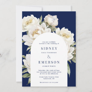 White Peony Floral Navy Wedding Arch Invitation Kaart