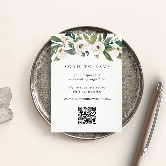 White Peony | Floral QR Code Wedding RSVP Informatiekaartje