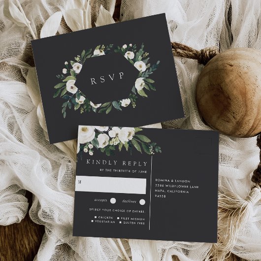 White Peony Floral Wedding Meal Choice RSVP Briefkaart