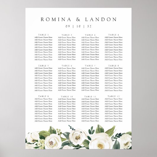 White Peony | Floral Wedding Seating Chart Poster (Voorkant)