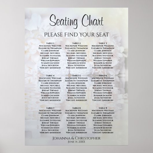 White Peony Flowers 9 Table Wedding Seating Chart Poster (Voorkant)