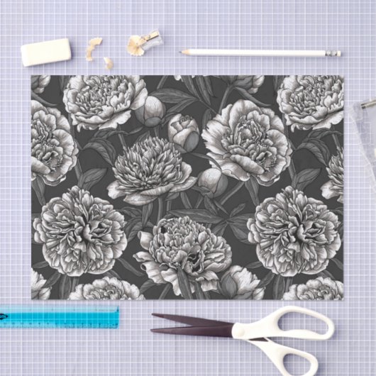 White peony flowers on dark gray tissuepapier (Craft)