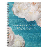 White Peony Flowers on Turquoise Damask Pattern Notitieboek (Voorkant)