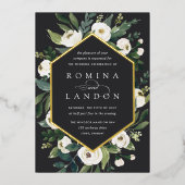 White Peony | Geometrische Floral Lijst Weddenscha Folie Uitnodiging (Voorkant)