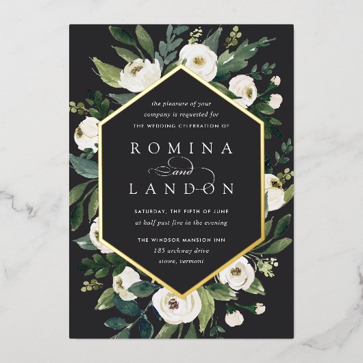 White Peony | Geometrische Floral Lijst Weddenscha Folie Uitnodiging (Voorkant)
