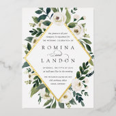 White Peony | Geometrische Floral Lijst Weddenscha Folie Uitnodiging (Voorkant)