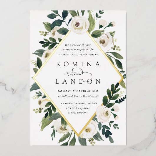 White Peony | Geometrische Floral Lijst Weddenscha Folie Uitnodiging (Voorkant)