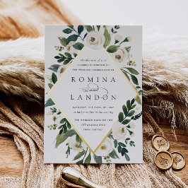 White Peony | Geometrische Floral Lijst Weddenscha Folie Uitnodiging