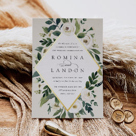 White Peony | Geometrische Floral Lijst Weddenscha Folie Uitnodiging