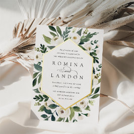 White Peony | Geometrische Floral Lijst Weddenscha Folie Uitnodiging