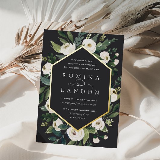 White Peony | Geometrische Floral Lijst Weddenscha Folie Uitnodiging