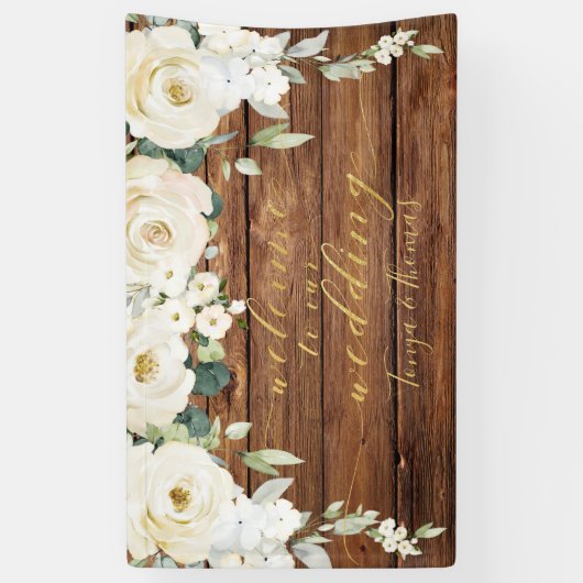 White Peony Gold Calligraphy Hout Welkom Spandoek (Verticaal)