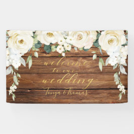 White Peony Gold Calligraphy Hout Welkom Spandoek